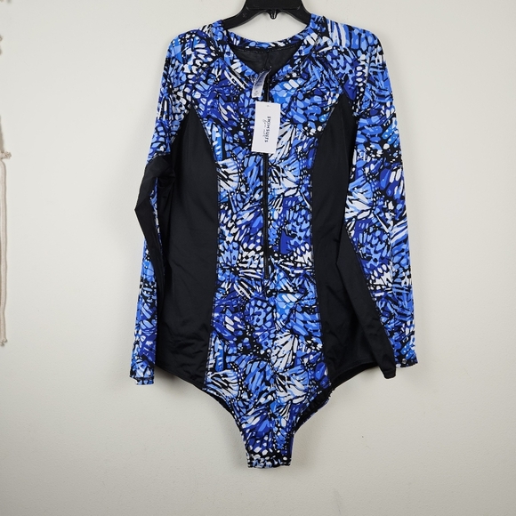 NEW Swimsuits for All long sleeve zip-up one piece Swim suit size 28 Blue Black - Picture 1 of 8